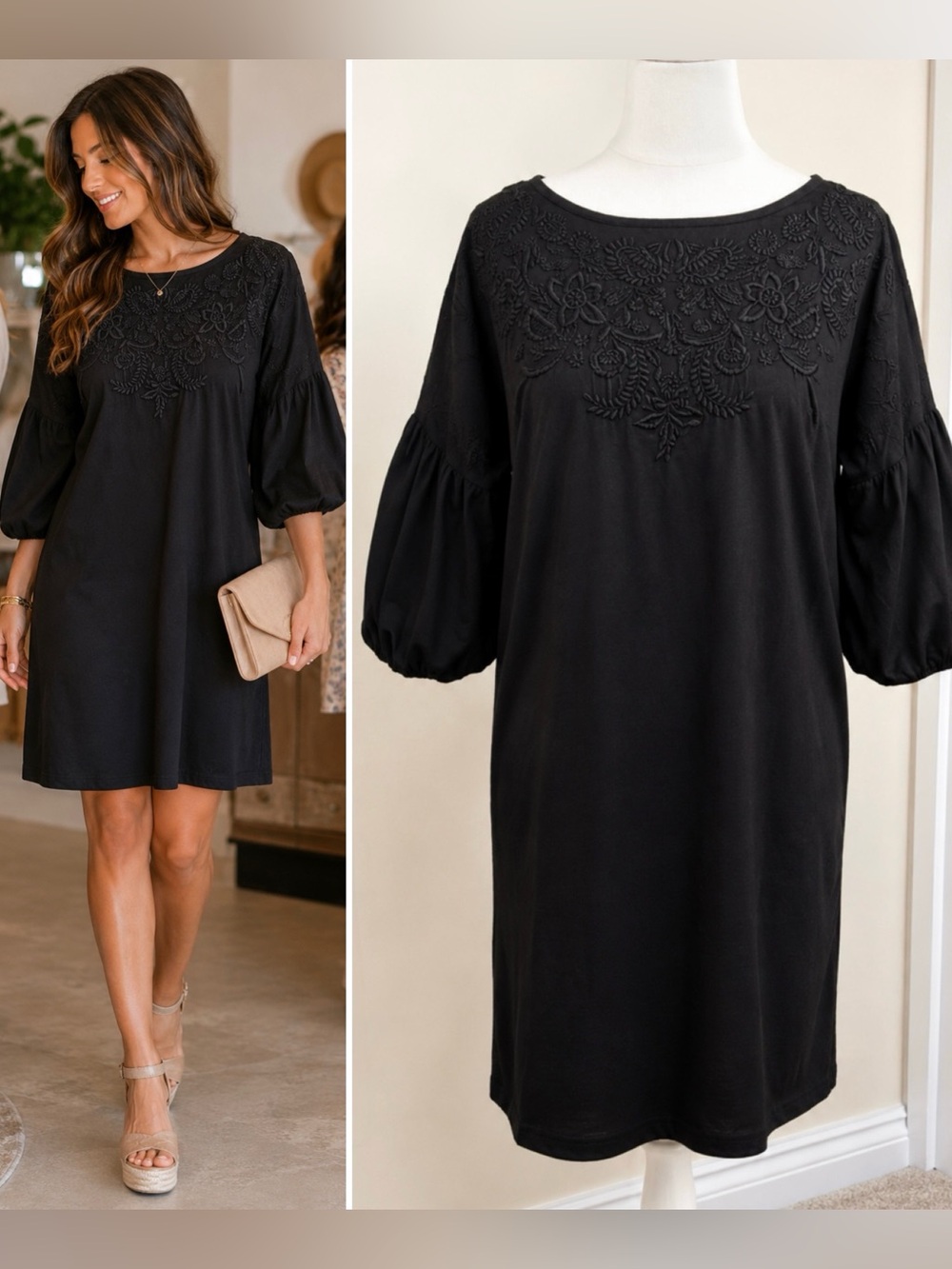Lauren Ralph Lauren Black Embroidered Cotton Balloon Sleeve Shift Dress Sz 2💛